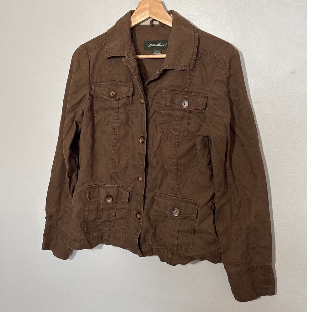 Women's Size M 100% Linen Eddie Bauer Army Green Brown Button Jacket Early 2000s